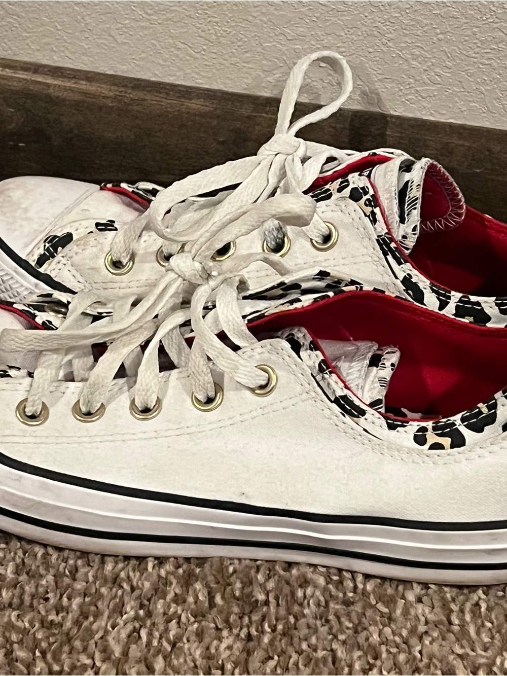 Converse White Low-Top Sneakers with Red Interior and Leopard Trim
